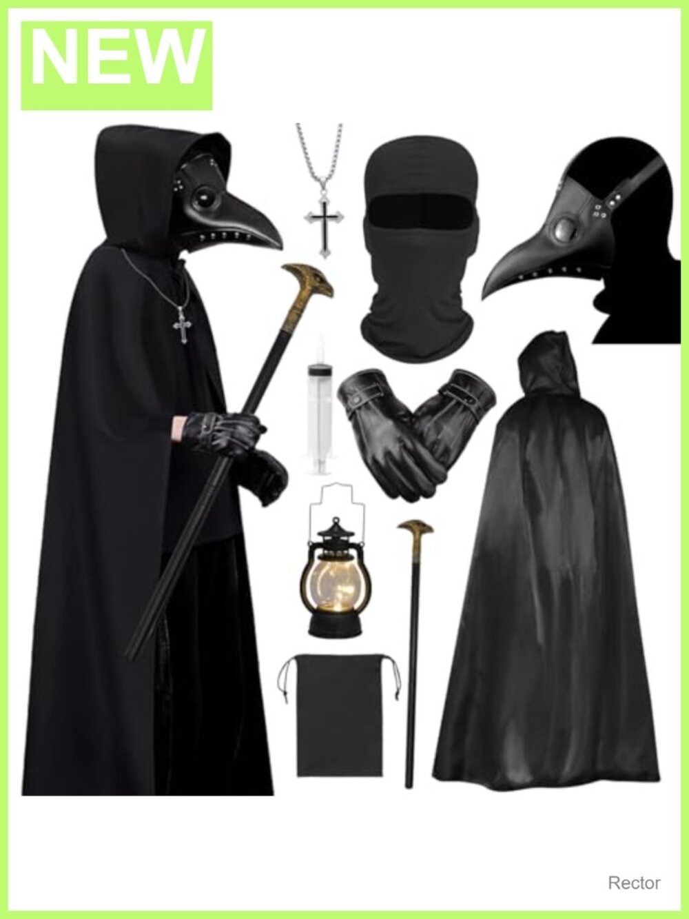 Plague Doctor Halloween Costume Adult Steampunk Bird Beak Mask 8Pc